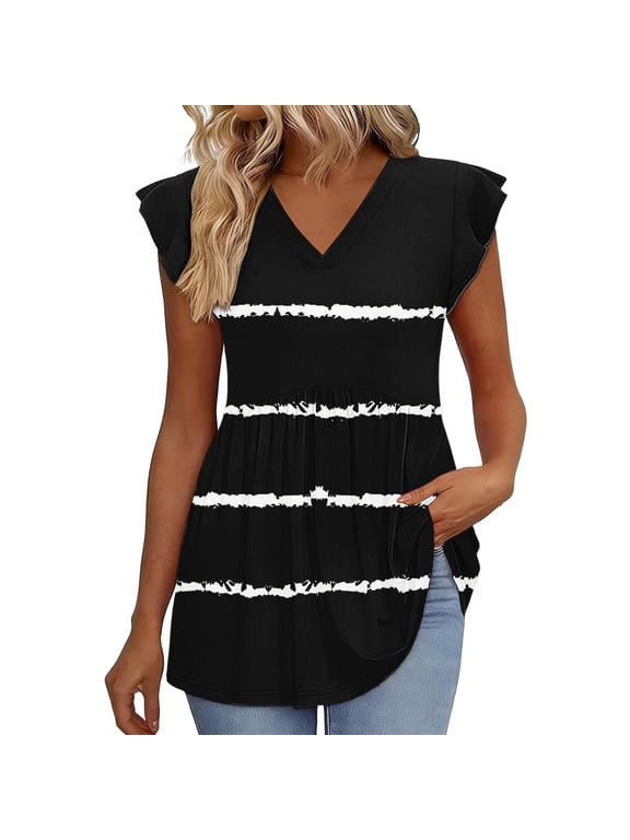 Women's V Neck Flutter Sleeve Tunics Tops Casual Striped Shirts Pleated Empire Waist Blouse for Loungewear Ladies