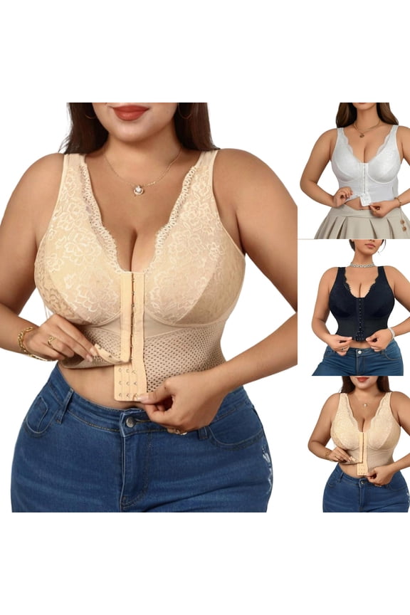 Women's V Neck Front Closure Corset, Lace Longline Bra, Plus Size Bras, Shapewear For Women, Top Bras With Support And Push Up, Shapewear Tank Tops Black XXL