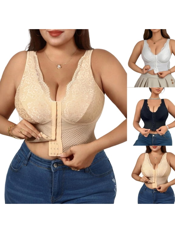 Women's V Neck Front Closure Corset, Lace Longline Bra, Plus Size Bras, Shapewear For Women, Top Bras With Support And Push Up, Shapewear Tank Tops Complexion XL