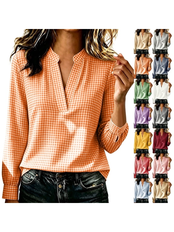 Women's V Neck Gingham Long Sleeve Blouse,Loose Casual Plaid Shirt,Orange,Women's Plus Size XXXL