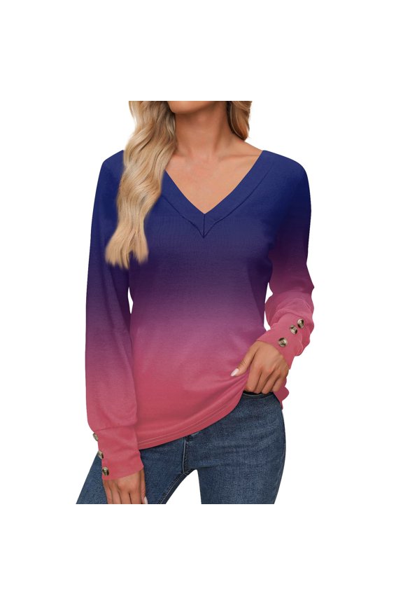 Women's V-Neck Gradient Long Sleeve Button Cuff Casual Pullover Sweater Soft Knit Ombre Top for Fall and Winter