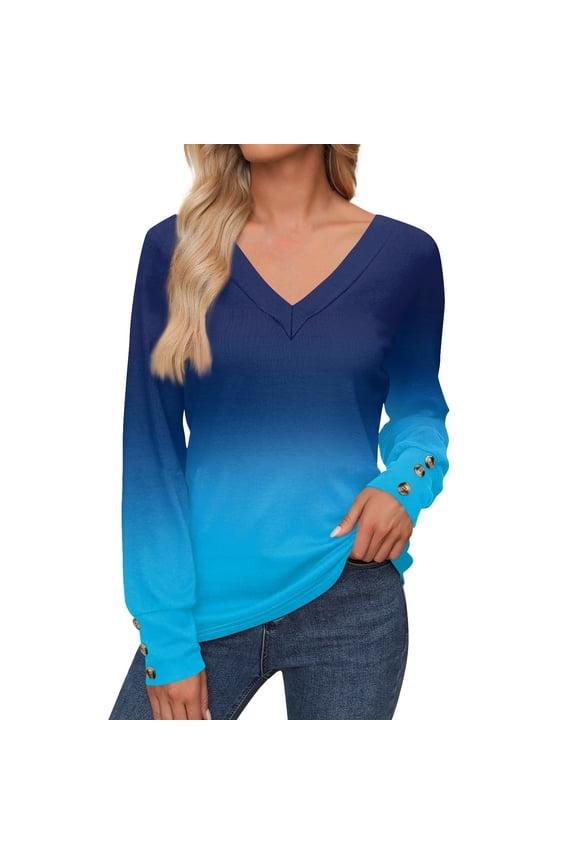 Women's V-Neck Gradient Long Sleeve Button Cuff Casual Pullover Sweater Soft Knit Ombre Top for Fall and Winter