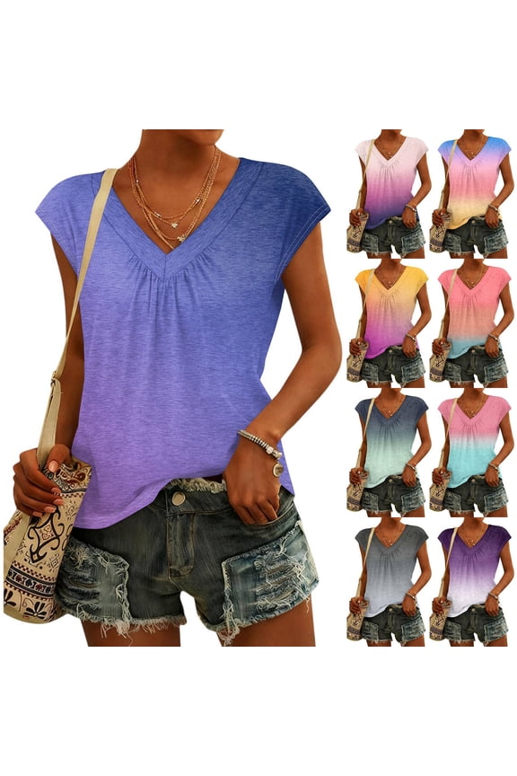 Women’s V Neck Gradient Print Short Sleeve Top, Ombre Color Design Casual Lightweight Blouse for Summer Daily Wear, Blue, L