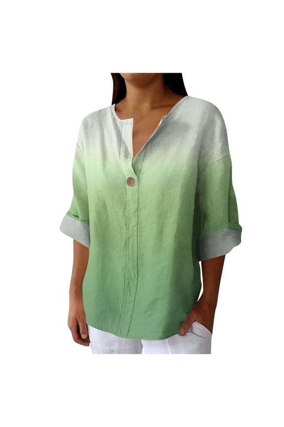 Women's V Neck Gradient Tops Long Sleeve Thin Ombre Shirt One-Button Loose Blouse
