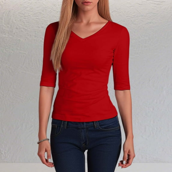 Women's V-Neck Half Sleeve Casual T-Shirt Soft Comfortable Basic Top for Everyday Wear Stylish Relaxed Fit