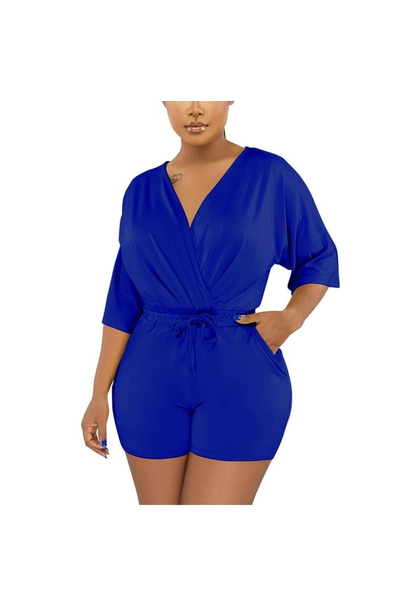 Women's V Neck Half Sleeve Jumpsuit High Waist Party Club Outfit Sexy One Piece Romper Baggy Summer Jumpsuits Going Out Overalls Bodysuit