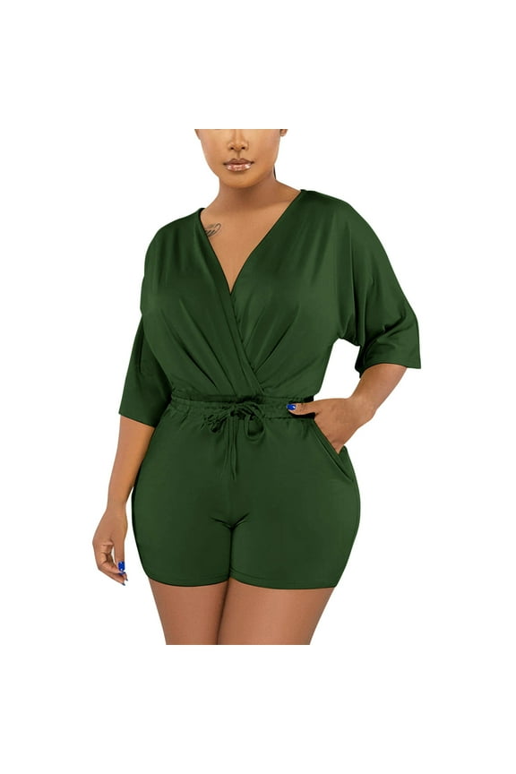 Women's V Neck Half Sleeve Jumpsuit High Waist Party Club Outfit Sexy One Piece Romper Baggy Summer Jumpsuits Going Out Overalls Bodysuit