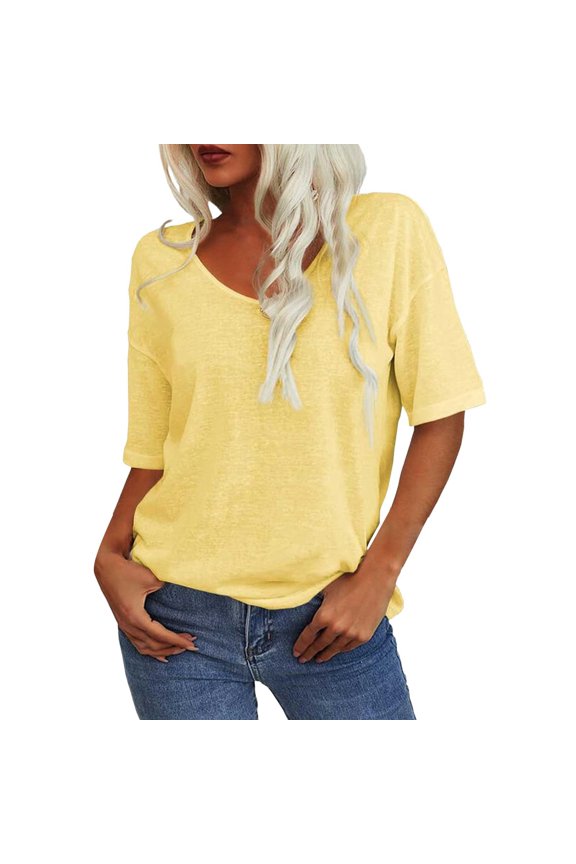 Women's V-Neck Half Sleeve T-Shirt, Solid Color Loose Fit Casual Basic Top, Simple and Comfortable Blouse for Everyday Relaxed Wear Yellow M