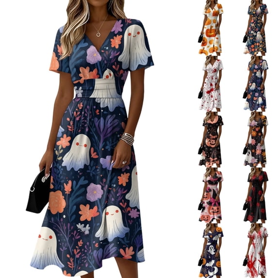 Women's V Neck Halloween Print Casual Dress Short Sleeve A Line Midi Dress with Self Tie Waist for Daily Wear Party Autumn Outfit Navy M