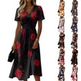 thumbnail image 1 of Women's V Neck Halloween Print Casual Dress Short Sleeve A Line Midi Dress with Self Tie Waist for Daily Wear Party Autumn Outfit Red XL, 1 of 5