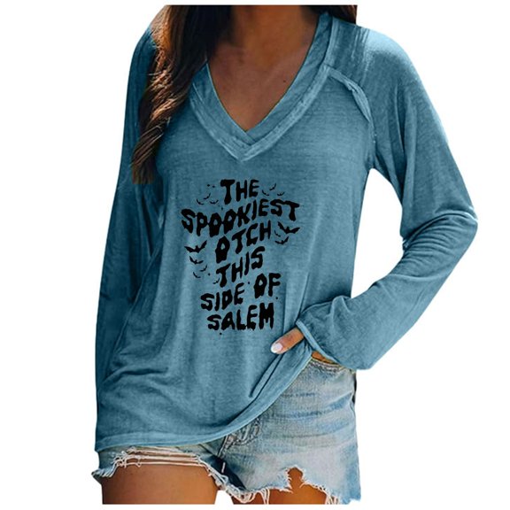 Women's V Neck Halloween Print Long Sleeve T-Shirt Comfortable Casual Top for Fall Seasonal Fashion