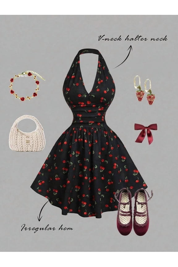 Women's V-Neck Halter Cherry Print Ruched Bodice Flared Dress