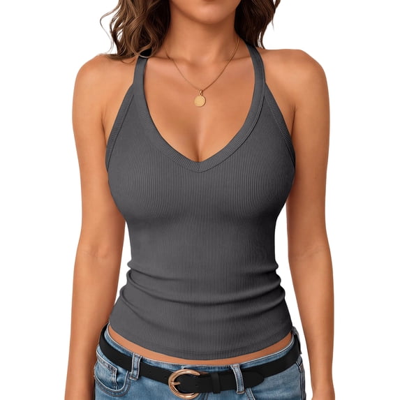 Women's V Neck Halter Ribbed Tank Top, Slim Fit Sleeveless Rib Knit Camisole, Form Fitted Basic Layering Top for Casual Daily Wear 05-Gray M