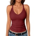 thumbnail image 1 of Women's V Neck Halter Ribbed Tank Top, Slim Fit Sleeveless Rib Knit Camisole, Form Fitted Basic Layering Top for Casual Daily Wear 08-Wine XXL, 1 of 4