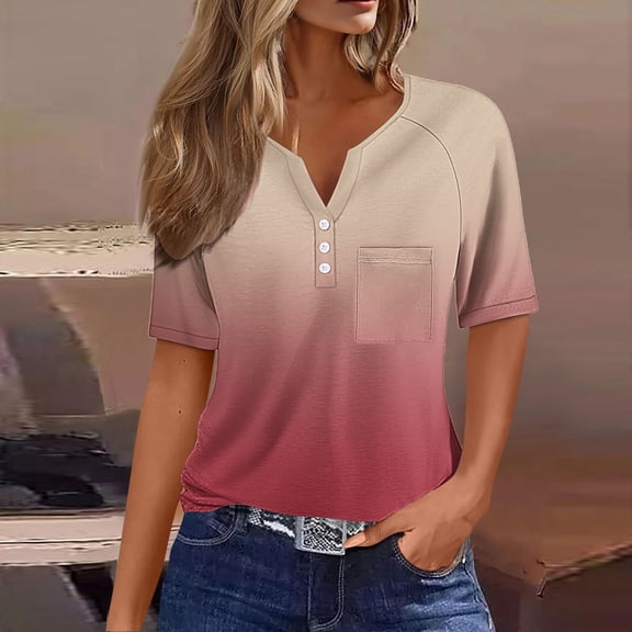 Women's V-Neck Henley Short Sleeve Top - Casual Loose Fit Button Down Shirt with Pocket, Breathable for Daily Wear & Summer