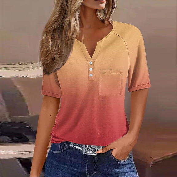 Women's V-Neck Henley Short Sleeve Top - Casual Loose Fit Button Down Shirt with Pocket, Breathable for Daily Wear & Summer