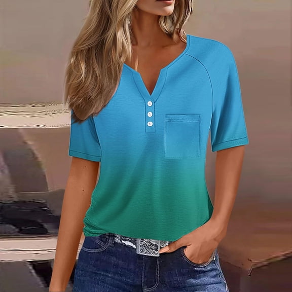 Women's V-Neck Henley Short Sleeve Top - Casual Loose Fit Button Down Shirt with Pocket, Breathable for Daily Wear & Summer