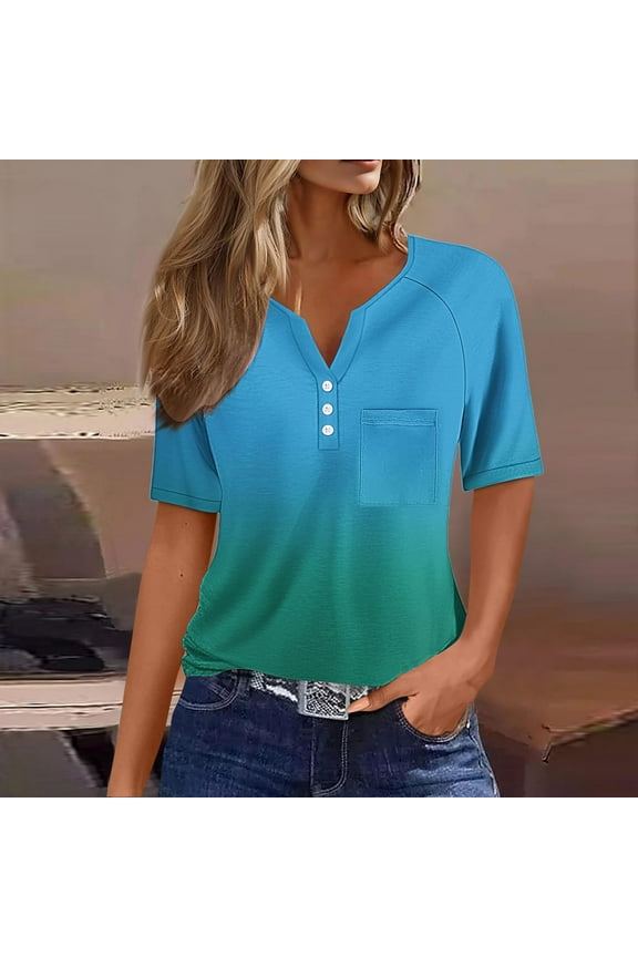 Women's V-Neck Henley Short Sleeve Top - Casual Loose Fit Button Down Shirt with Pocket, Breathable for Daily Wear & Summer