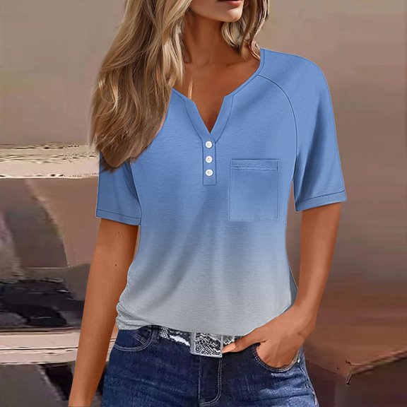 Women's V-Neck Henley Short Sleeve Top - Casual Loose Fit Button Down Shirt with Pocket, Breathable for Daily Wear & Summer