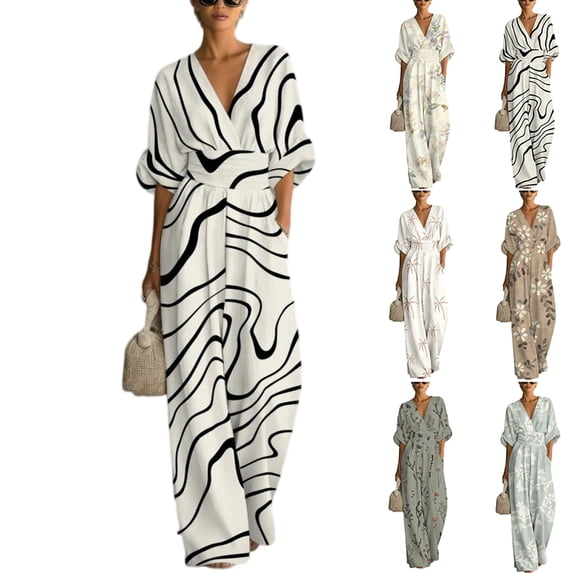 Women's V-Neck High Waist Jumpsuit with Batwing Sleeves - Abstract Print Loose Wide Leg Romper, Boho Casual Vacation Long Overalls Army Green L