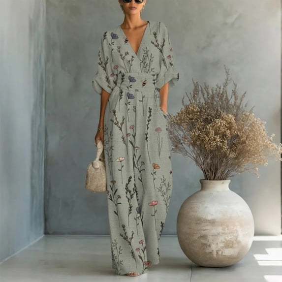 Women's V Neck High Waist Printed Jumpsuit, Wrap Front Elegant Wide Leg Long Romper with Pockets, Half Sleeve Casual Jumpsuit for Party Vacation Daily Wear 01-Army Green S