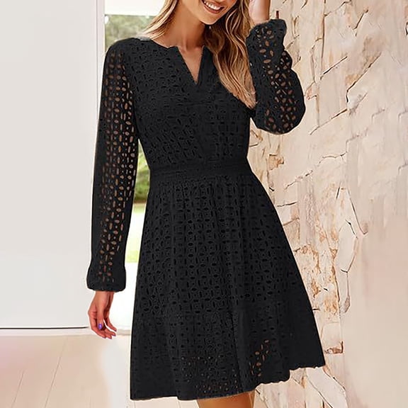 Women's V Neck Hollow Holed Embroidered Pleated Long Sleeved Dress Dress plus Super plus Size Dresses Maxi Wrap Dress with Slit Long Sleeved Formal Dresses for Women Womens Fall Dress Satin Dress plus