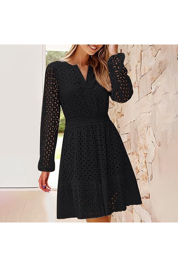 Women's V Neck Hollow Holed Embroidered Pleated Long Sleeved Dress Dress plus Super plus Size Dresses Maxi Wrap Dress with Slit Long Sleeved Formal Dresses for Women Womens Fall Dress Satin Dress plus