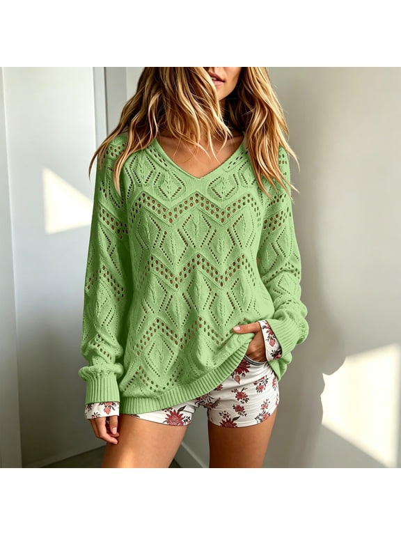 Women's V Neck Hollow Out Knit Sweater, ZDNIXIAN Long Sleeve Loose Casual Eyelet Pullover Top, Lightweight Geometric Crochet Knit Jumper for Spring Fall Everyday Outfits