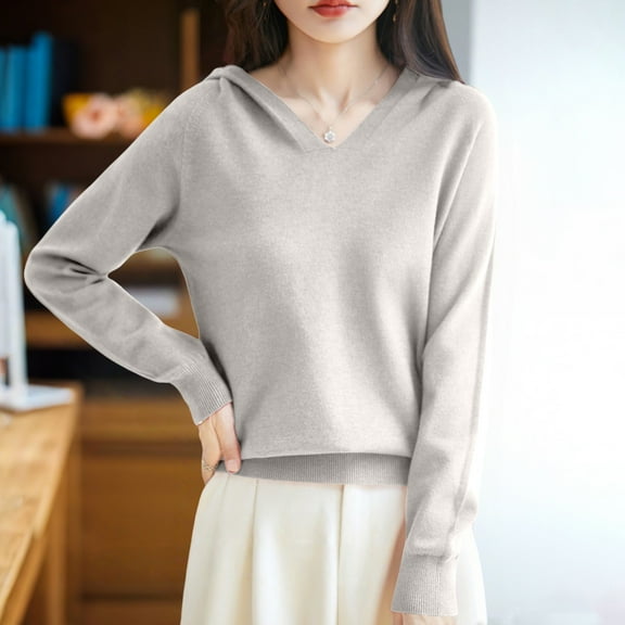 Women's V-Neck Hooded Knit Sweater, Soft Ribbed Pullover with Cozy Fleece Lining, Winter Warm Layering Piece for Casual Daily Wear, Comfortable Streetwear and Cold Weather Protection Light Ashy XXL