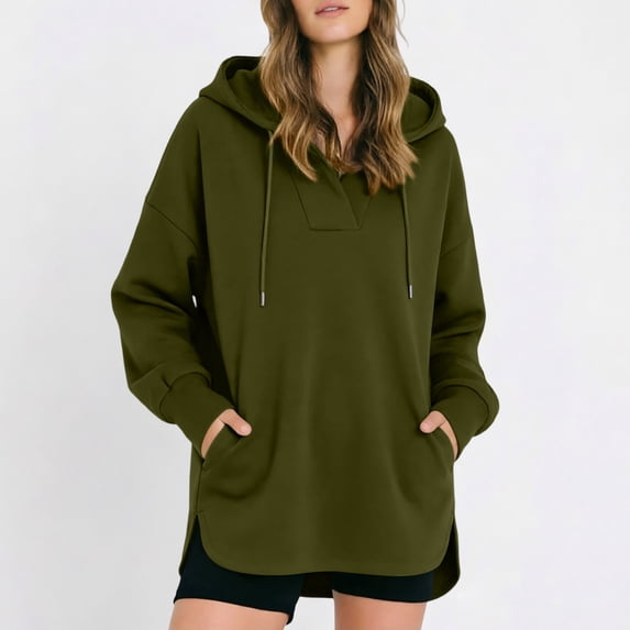 Women's V-Neck Hooded Sweatshirt Oversized Long Sleeve Pullover Side Slits Tops with Pockets Fall Winter Wear Green Womens Oversized Hoodies Sweatshirts XL