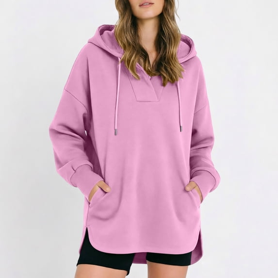 Women's V-Neck Hooded Sweatshirt Oversized Long Sleeve Pullover Side Slits Tops with Pockets Fall Winter Wear S