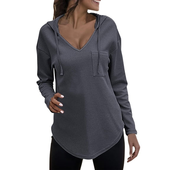 Women's V Neck Hoodies Long Sleeve Sweatshirt Drawstring Pullover Tops With Pocket