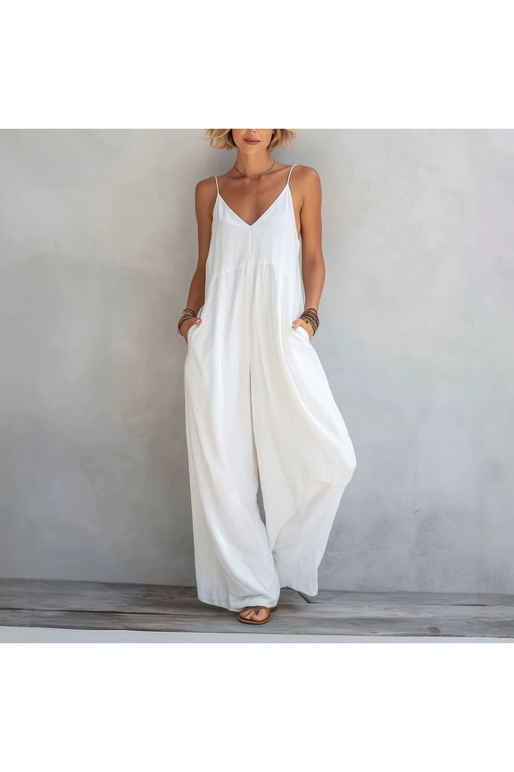 Women's V-Neck Jumpsuit, Solid Color Spaghetti Strap Wide Leg Design, Conjoined One-Piece Pants For Minimalist Chic Style White L