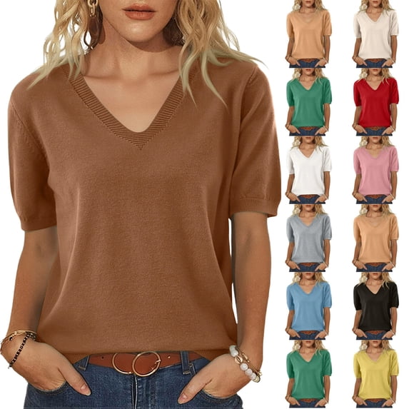 Women's V Neck Knit Blouses Trendy Short Sleeve Tops Comfortable Soft Solid Color Slim Fit Dressy Casual Shirts Coffee L