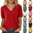 thumbnail image 1 of Women's V Neck Knit Blouses Trendy Short Sleeve Tops Comfortable Soft Solid Color Slim Fit Dressy Casual Shirts Red XL, 1 of 5