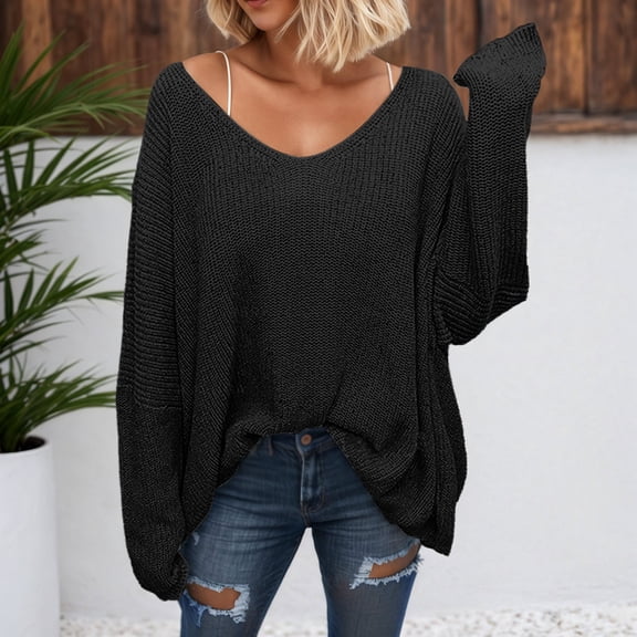 Women's V Neck Knit Oversized Pullover Sweater Top (Black XXL)