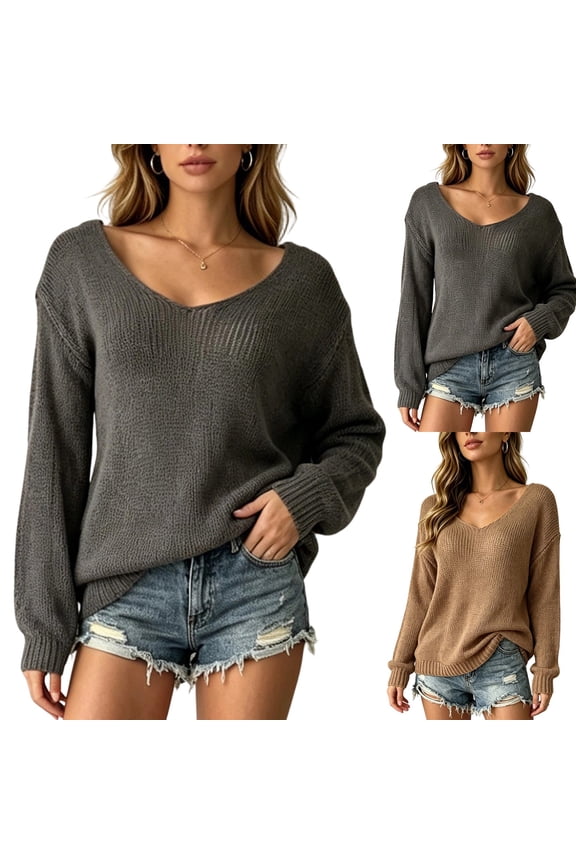 Women's V Neck Knit Sweater Oversized Long Sleeve Casual Lightweight Pullover Tops for Daily Street Wear Fall Layering Knitted Shirts Khaki