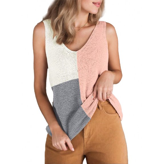 Women's V Neck Knit Tank Tops Casual Color Block Striped Sleeveless Shirts