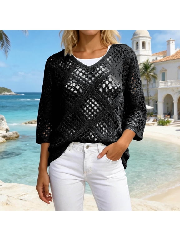 Women's V Neck Knit Top Lightweight Crochet Pullover Sweater Blouse Casual Summer Hollow Out Tunic Dressy Layering Shirts for Spring Beach Work Weekend