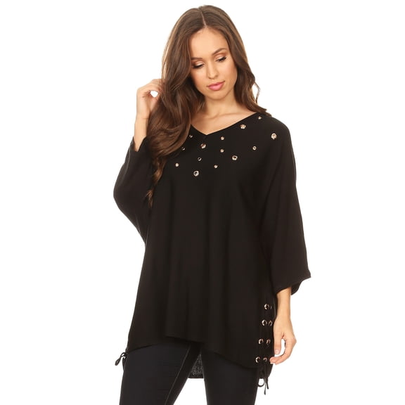 Women's V-Neck Knit Top with Eyelet Details, Side Tie Adjustable Design, Black One Size