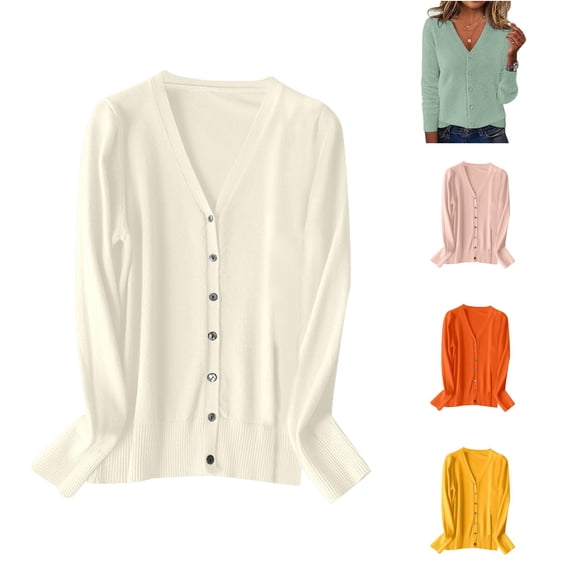 Women's V Neck Knitted Cardigan Sweater Long Sleeve Spring Autumn 2024 Fashion Lightweight Layering Top Peach Cardigan L