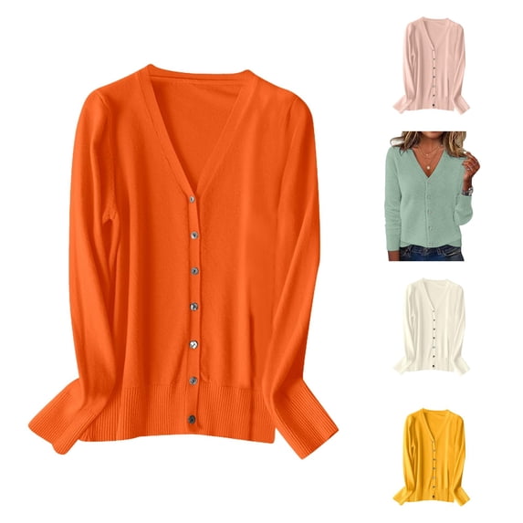 Women's V Neck Knitted Cardigan Sweater Long Sleeve Spring Autumn 2024 Fashion Lightweight Layering Top Peach Cardigan M