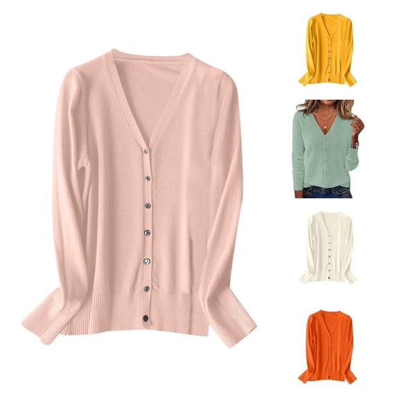 Women's V Neck Knitted Cardigan Sweater Long Sleeve Spring Autumn 2024 Fashion Lightweight Layering Top Peach Cardigan XL