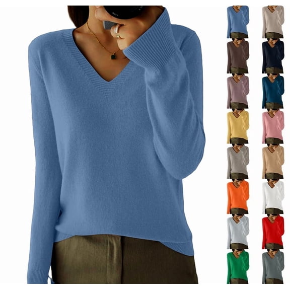Women's V-Neck Knitted Pullovers Jumpers Slim Fit Bottoming Shirt Solid Soft Sweaters Solid Color Slim Fit Sweater Blue S