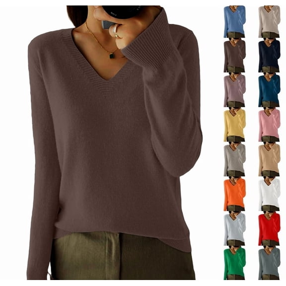Women's V-Neck Knitted Pullovers Jumpers Slim Fit Bottoming Shirt Solid Soft Sweaters Solid Color Slim Fit Sweater Coffee XL