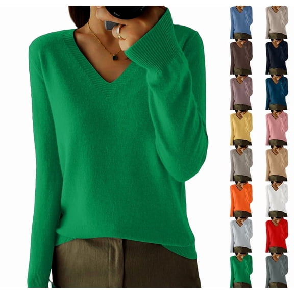 Women's V-Neck Knitted Pullovers Jumpers Slim Fit Bottoming Shirt Solid Soft Sweaters Solid Color Slim Fit Sweater Dark Green S