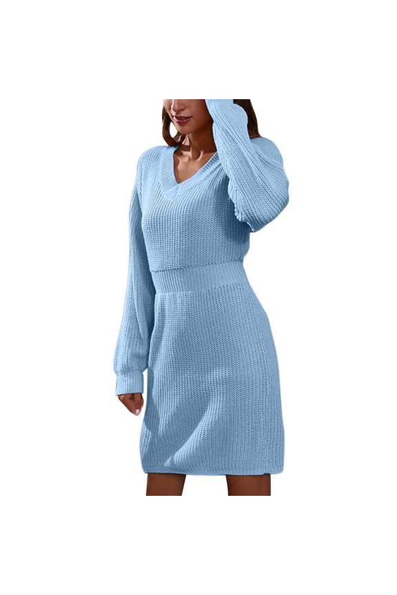 Women's V Neck Knitted Sweater Dress Long Sleeve Waistband Woolen Winter Fashion Casual Comfortable Elegant Outfit