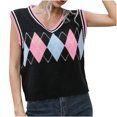 thumbnail image 1 of Women’s V Neck Knitted Sweater Vest Plaid Sleeveless Casual Loose Fit Comfy Waistcoat Pullover Knitwear Tank Top, 1 of 6