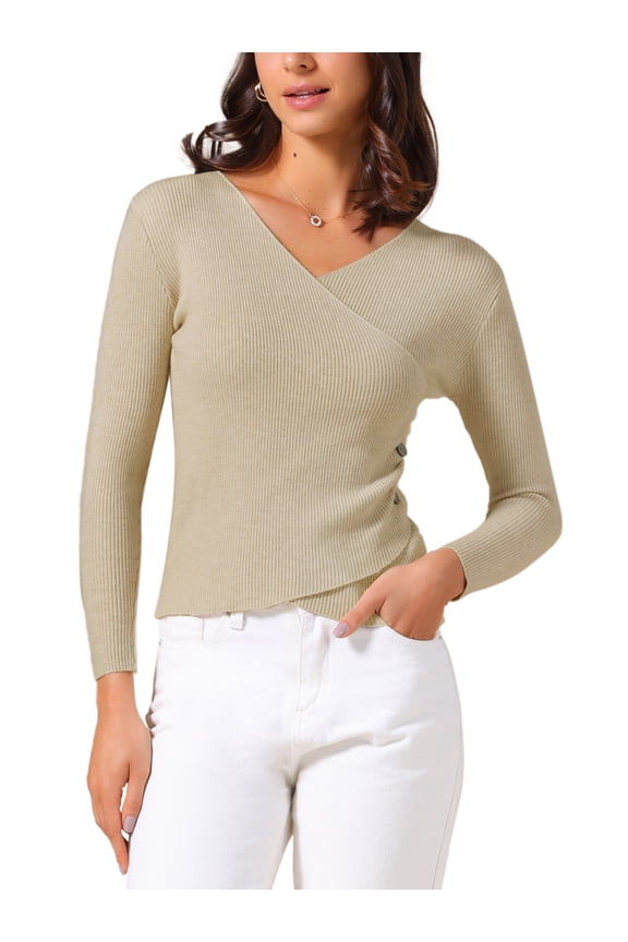 Women's V-Neck Knitted Sweaters Ruched Button Tops Slim Fit 2025 Long Sleeved T-Shirts L Camel
