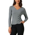 thumbnail image 1 of Women's V-Neck Knitted Sweaters Ruched Button Tops Slim Fit 2025 Long Sleeved T-Shirts L Gray, 1 of 6